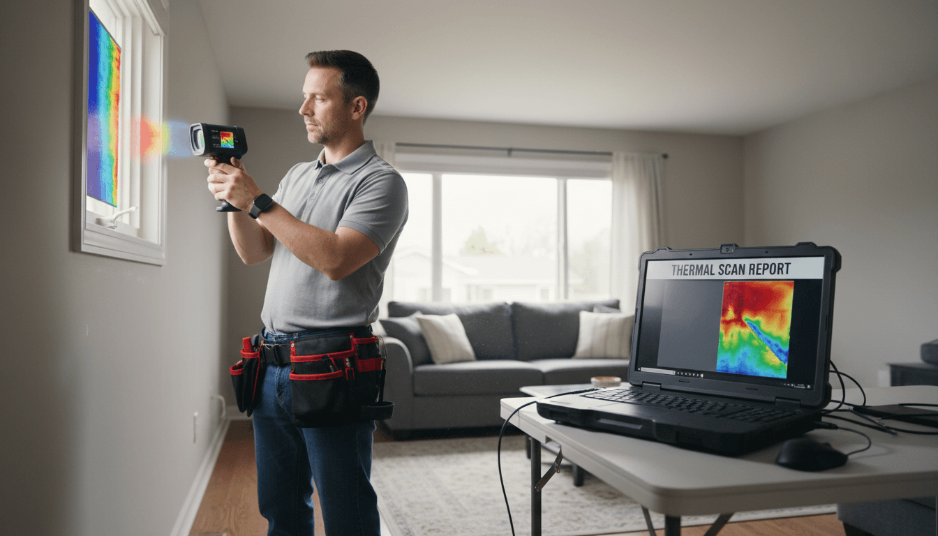 HVAC assessment technician using thermal imaging camera in a Plano home