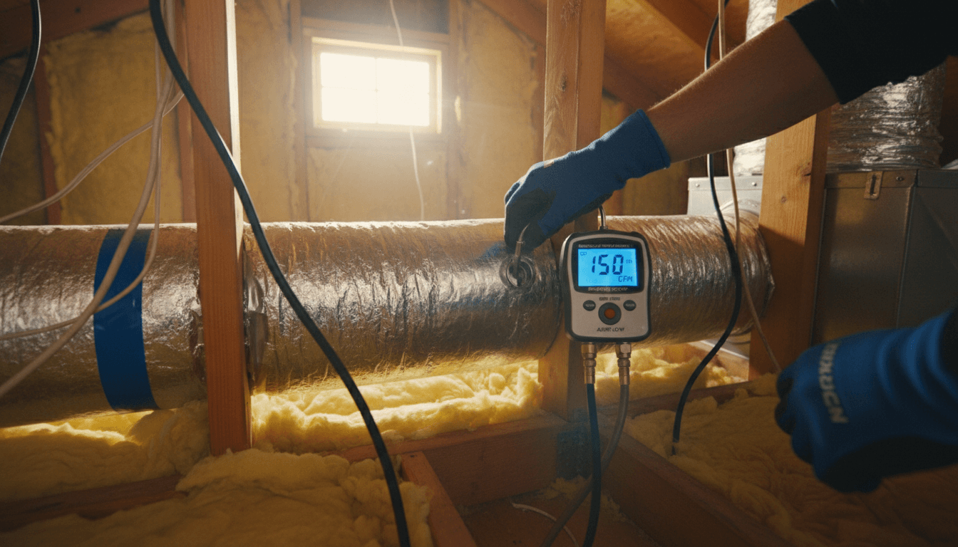 Technician measuring duct airflow