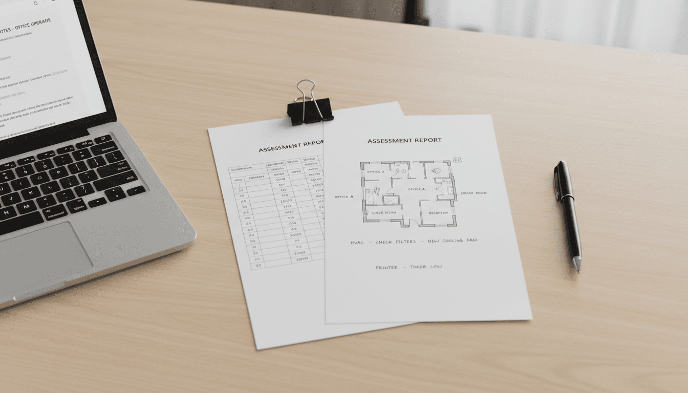 Assessment report with data and floor plans on a desk