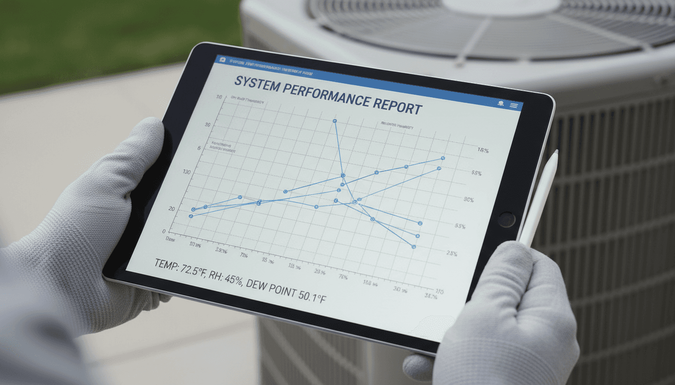 Technician reviewing heat load data on a tablet