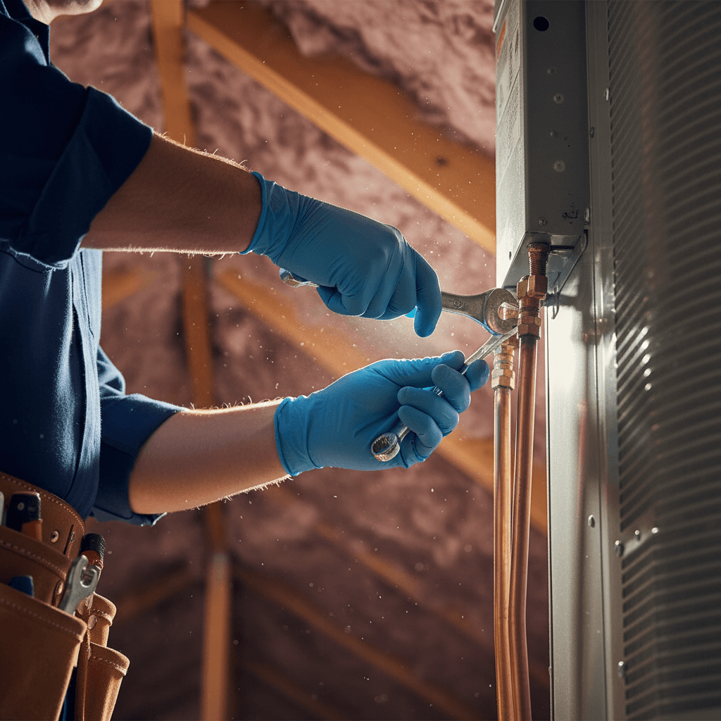 Technician pointing a thermal imaging camera at a new HVAC unit while homeowner watches